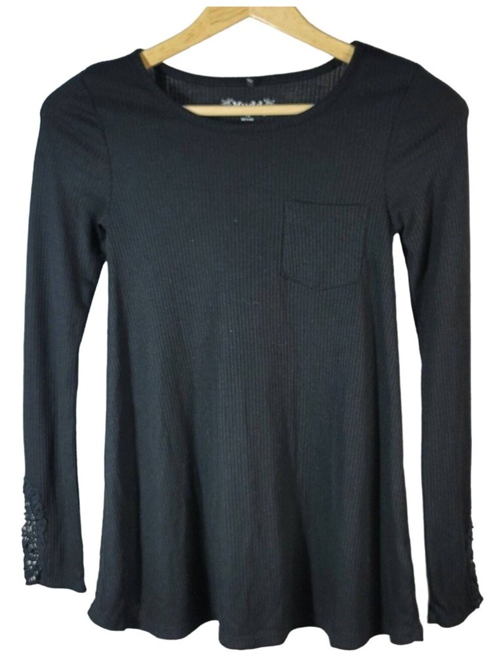 Mudd Girls Long Sleeve Top Black Size 12 Crochet Trim Sleeves Loose Fit Ribbed